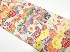 アンティーク　地紙に御所車・草花模様織り出し丸帯（着用可）
